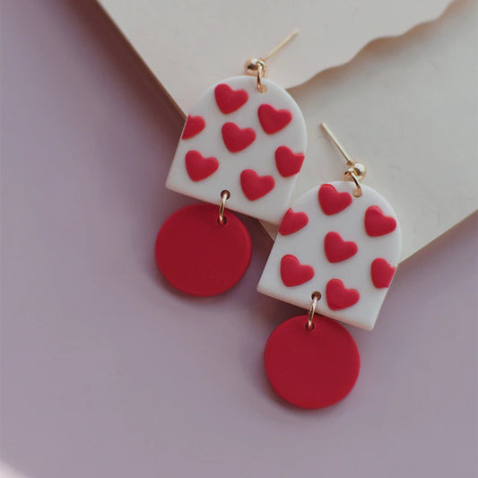 Beautiful Red and White Clay Heart Earrings