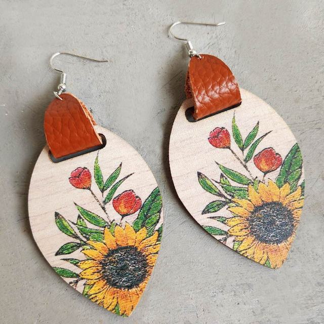 Beautiful Wood and Leather Sunflower Earrings
