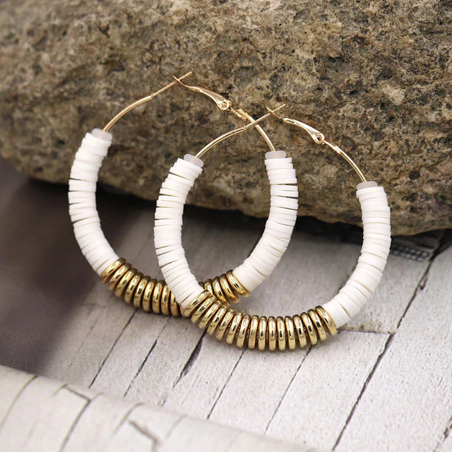 Beautiful White and Gold Clay Hoops