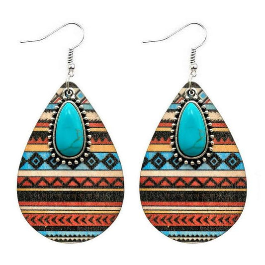 Aztec Pattern Wood and Turquoise Drop Earrings