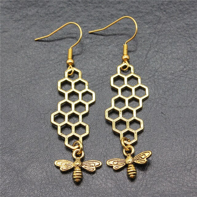 Gold Honeybee Honeycomb Earrings