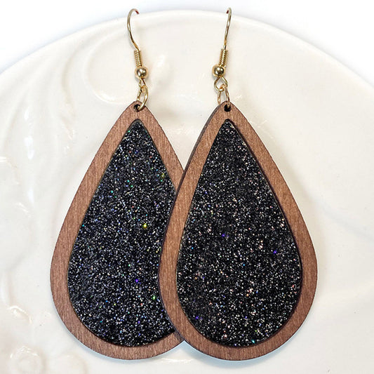 Gorgeous Black Glitter Wood Drop Earrings
