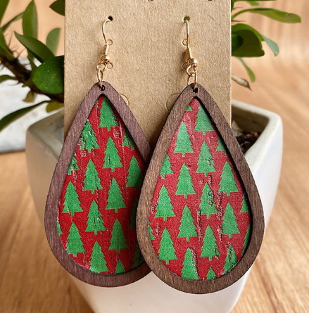 Festive Leather and Wood Christmas Earrings