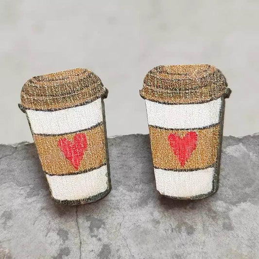 Adorable "I Heart Coffee" Wood Coffee Cup Stud Earrings