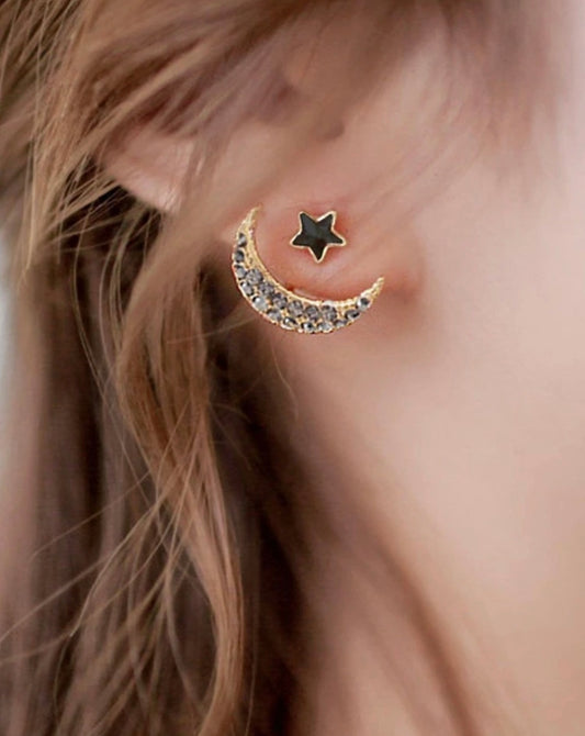 Black Moon and Star Huggie Earrings