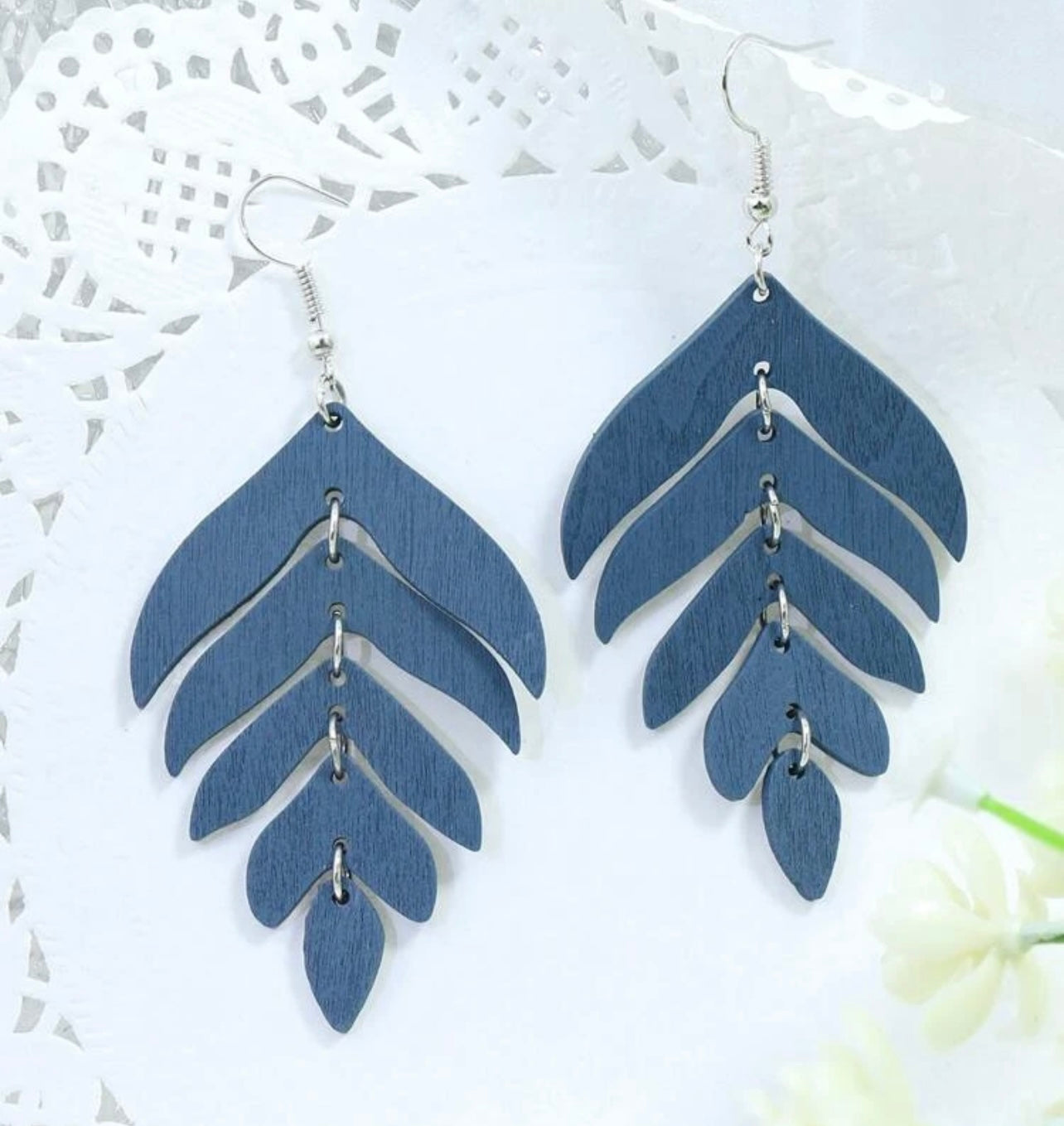 Beautiful Blue Wood Leaf Earrings