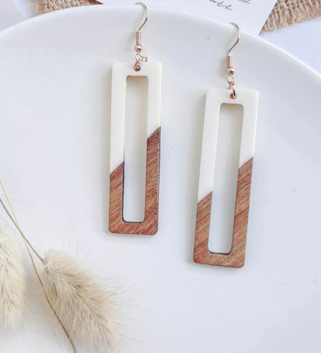 Rectangular White Resin and Wood Earrings