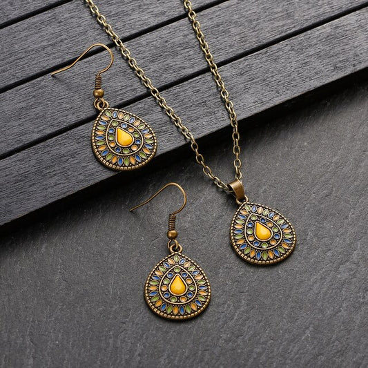Beautiful Yellow Rustic Tear Drop Earring and Necklace Set
