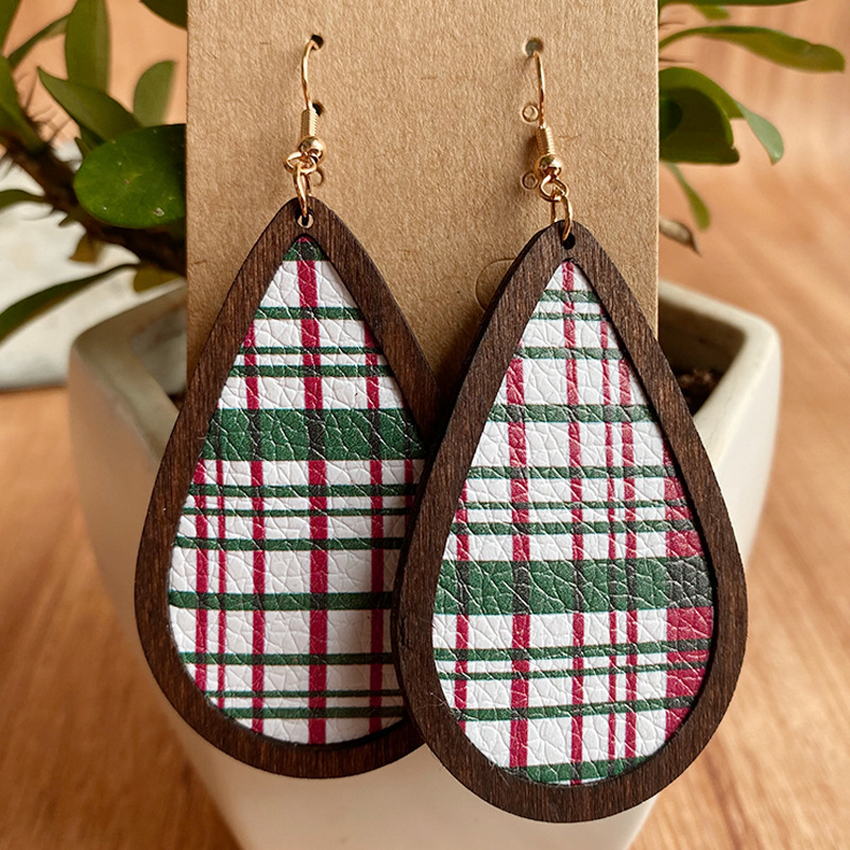 Festive Leather and Wood Christmas Earrings
