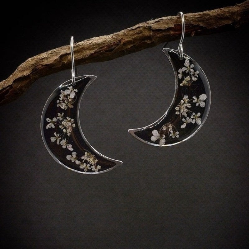 Midnight Moon Crescent Earrings with Pressed Flowers
