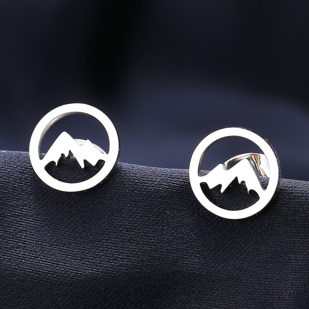 Stainless Steel Gold or Silver Round Mountain Earrings