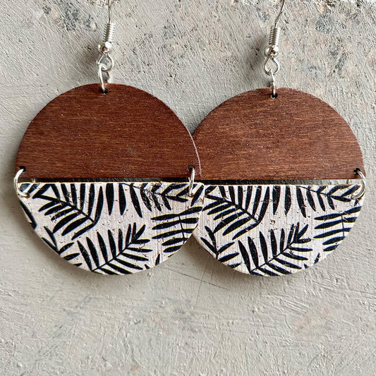 Black and White Leaf Wood and Cork Split Circle Earrings