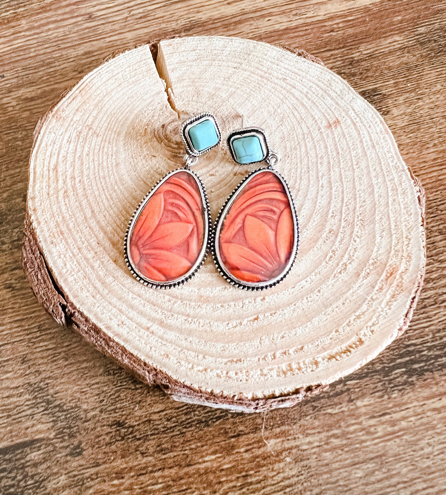Beautiful Turquoise and Embossed Resin Earrings
