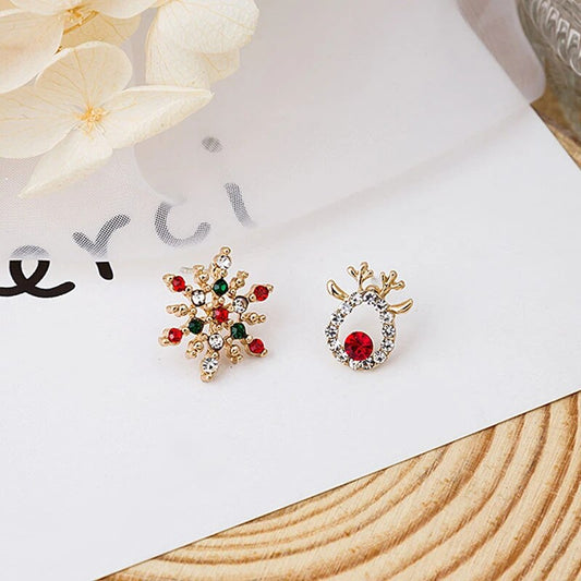 Adorable Crystal Rudolph Reindeer and Snowflake Stud Earrings