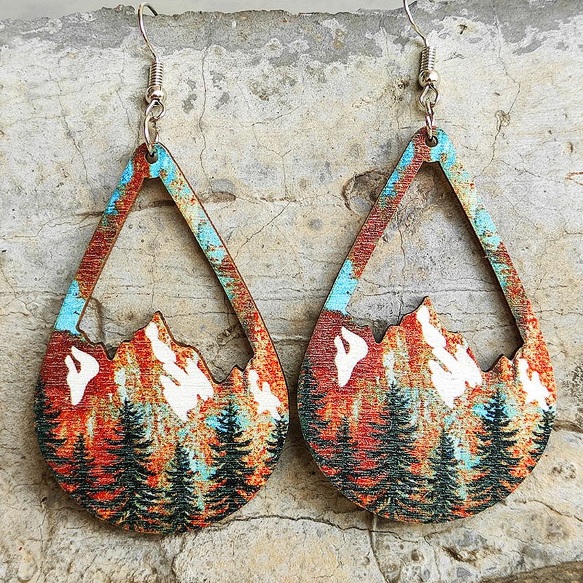 Snowy Mountain and Forest Wood Earrings