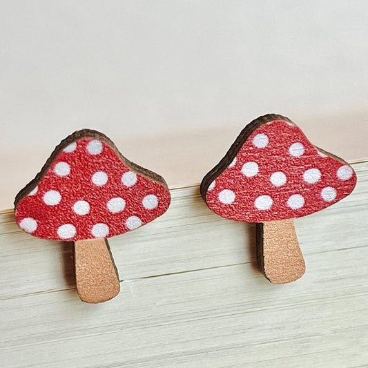 Adorable Wood Stud Fairytale Mushroom Earrings