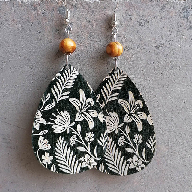 Beautiful Black and White Wood Floral Drop Earrings
