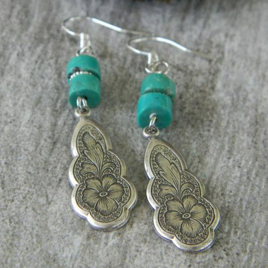 Bohemian Carved Silver and Turquoise Flower Earrings