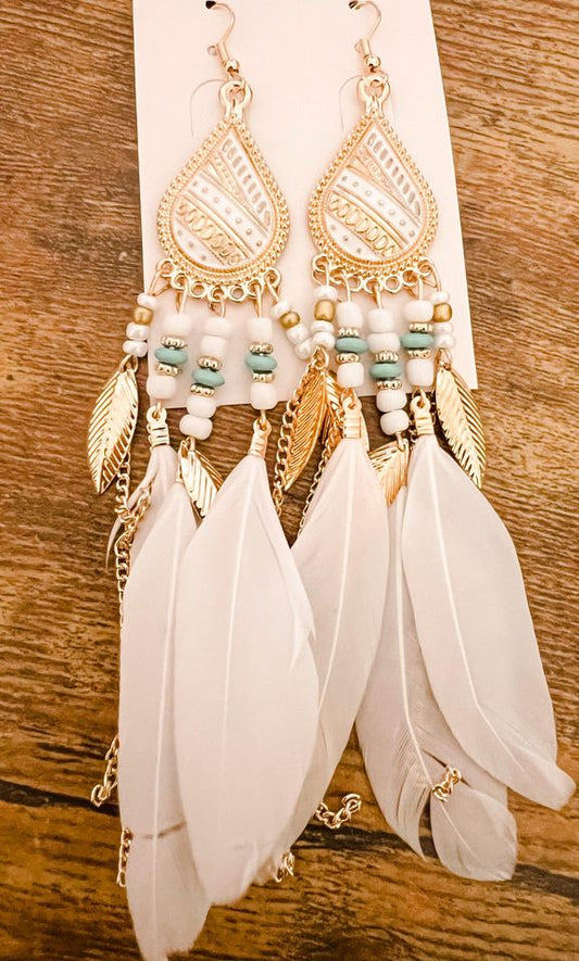 Beautiful White Boho Feather Earrings